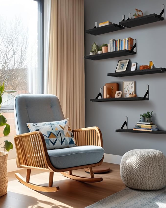 AMADA HOMEFURNISHING Wall Shelves Set of 6, Wood Floating Shelves for Decor, Rustic Farmhouse for Bedroom, Bathroom Storage, Book Shelves for Living Room, Black