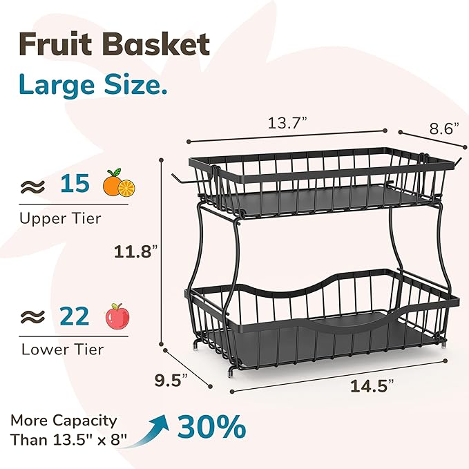 Large 2-Tier Fruit Basket for Kitchen Counter with 2 Banana Hangers – Metal Fruit Bowl for Onion, Vegetable, Snacks, Breads Storage – Countertop Organizer – Black, 14.5" W x 9.5" D