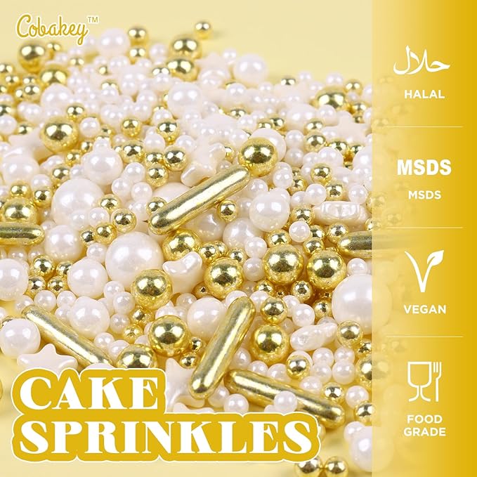 White Deluxe Gold Sprinkles for Cake Decorating 4.23ounce - Sugar Mix Contains Star & Pearl Sprinkles for Cupcake Toppers, Ice Cream, Candy, Cookie Decorations - Holiday Party Supplies