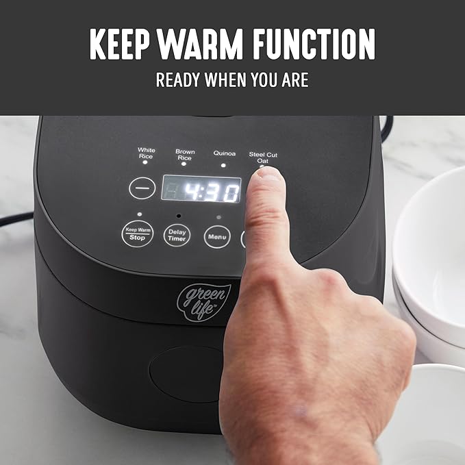 GreenLife Digital Rice Cooker, 2-Cups Uncooked/4-Cups Cooked, Removable Nonstick Ceramic PFAS-Free Pot, One-Touch Presets, Oats, Quinoa, Brown Rice, Auto Keep Warm, Fuzzy Logic Tech, 1.5 QT, Black
