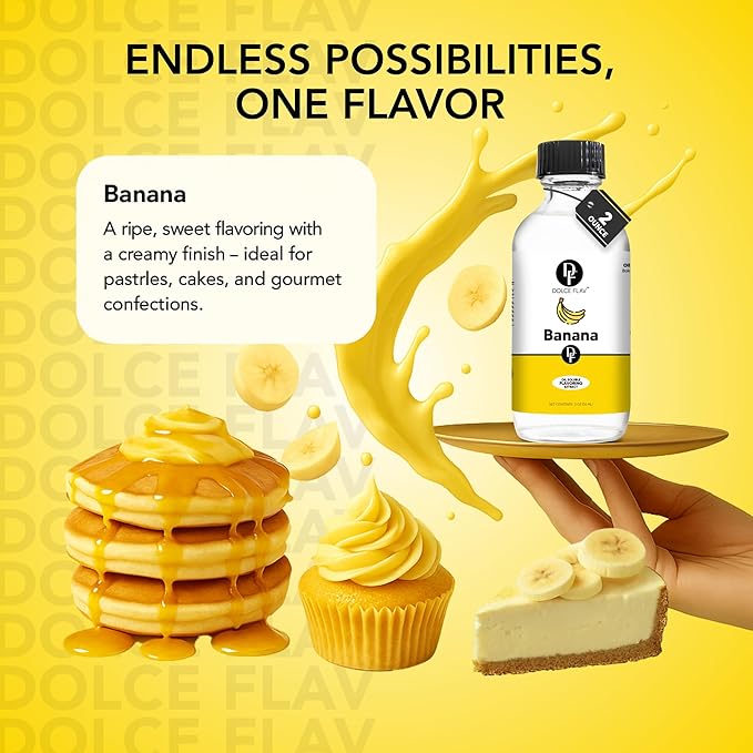 Dolce Flav Banana Extract – 2 Ounce Oil-Soluble Kosher, Sugar-Free, Concentrated Ripe Banana Flavoring for Baking, Smoothies & Ice Cream, Includes Measured Dropper