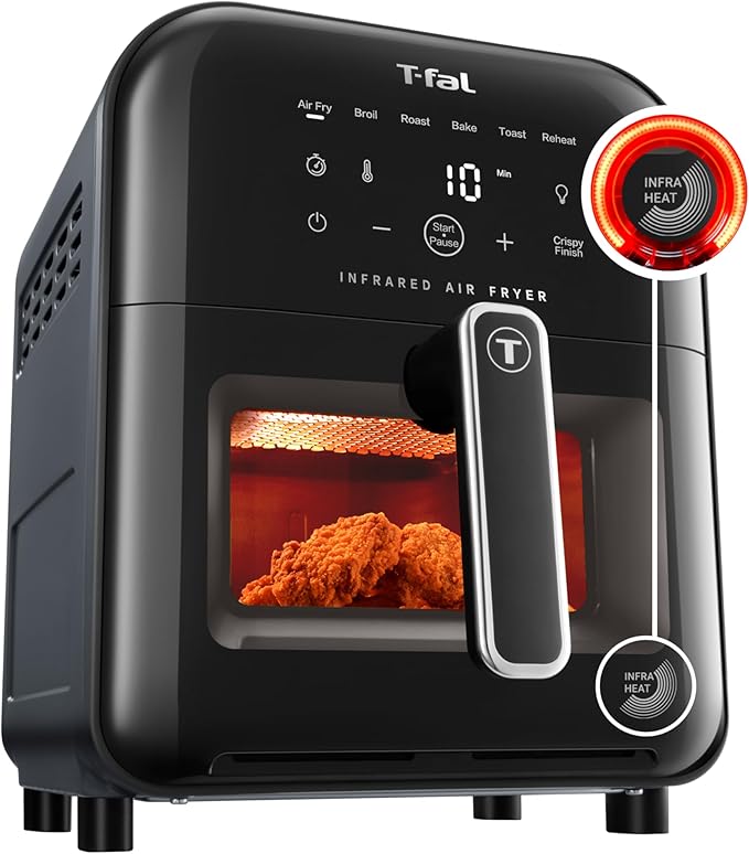 T-fal Infrared Air Fryer: 6 qt Digital Touch Screen, 7-in-1 Cooking Functions, 45-Seconds to reach 750°F on carbon fiber heater surface, No-Shake Technology, Crispy Finish, 1550W, Black