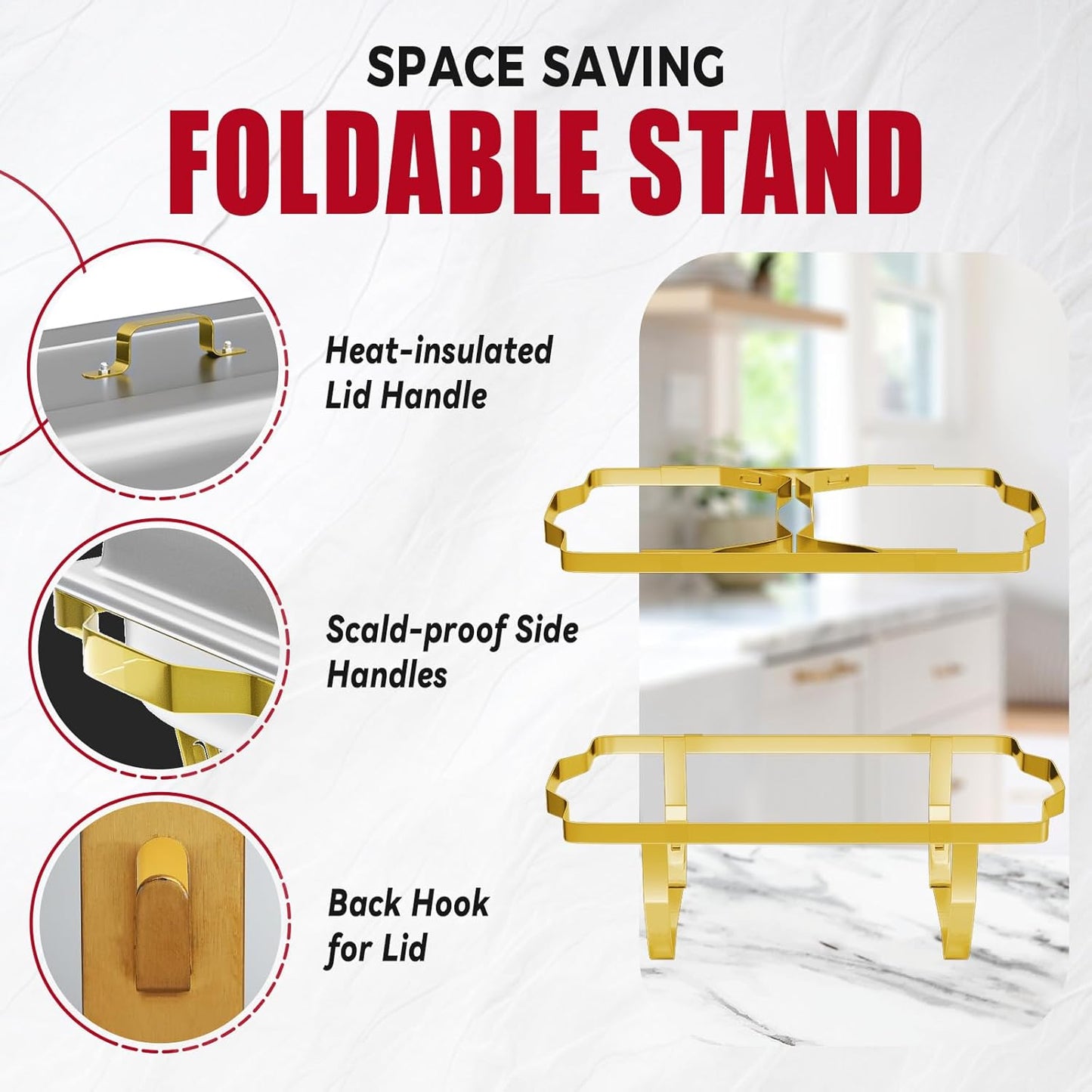 Chafing Dish Buffet Sets of 4, 8QT Stainless Steel Rectangular Chafers and Buffet Warmer Sets for Catering, with Food & Water Pan, Lid, Gold Foldable Frame, Fuel Holder for Event Party Holiday