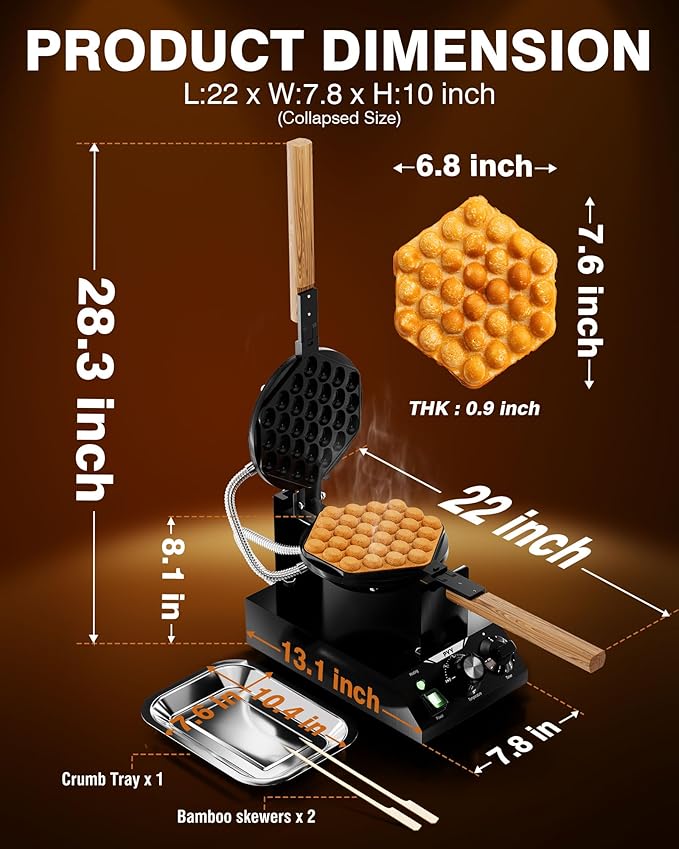 PYY Bubble Waffle Maker – 180° Rotating, Non-Stick Coating, Wooden Handle & Crumb Tray, Hong Kong Round Cones, 1500W Commercial Egg Puff Waffle Iron, 122-482℉ Electric Stainless Steel