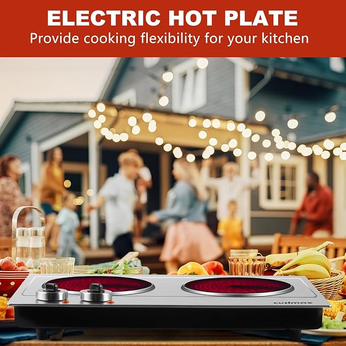 Hot Plate,Cusimax Dual Infrared Burner, Electric Ceramic Glass Stove,Adjustable Temperature Control,Stainless Steel,Compatible of all Cookware,Easy Clean for Home, Dorm, Office