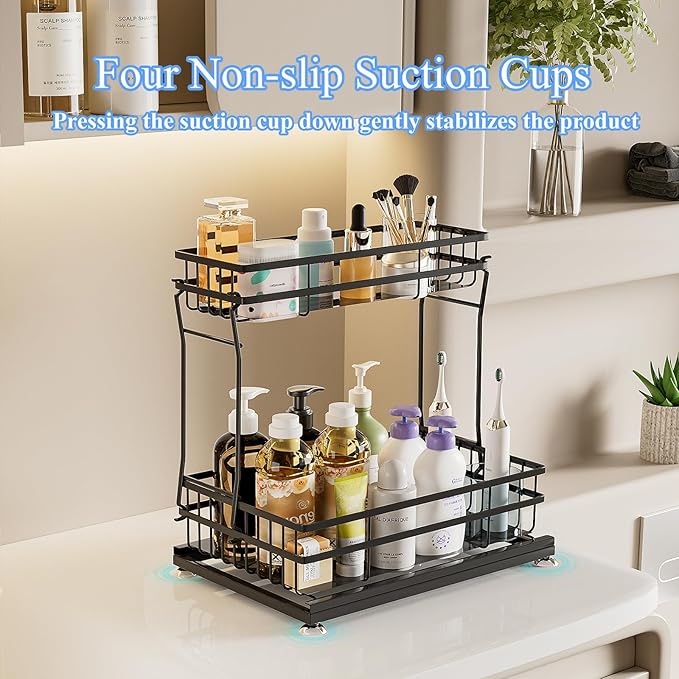 1 Pack Under Sink Organizers and Storage, 2 Tier Pull Out Cabinet Organizer, Metal Sliding Drawer Storage for Kitchen Bathroom，Black