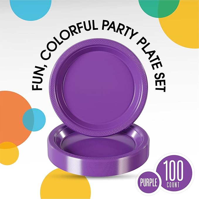 Exquisite Party Solids Purple Plastic Plates For Party 7" Purple Disposable Plates Heavy Duty Supplies 100 Pcs Plastic Dinnerware Sets Heavy Duty 350 GSM Disposable Dinnerware Set