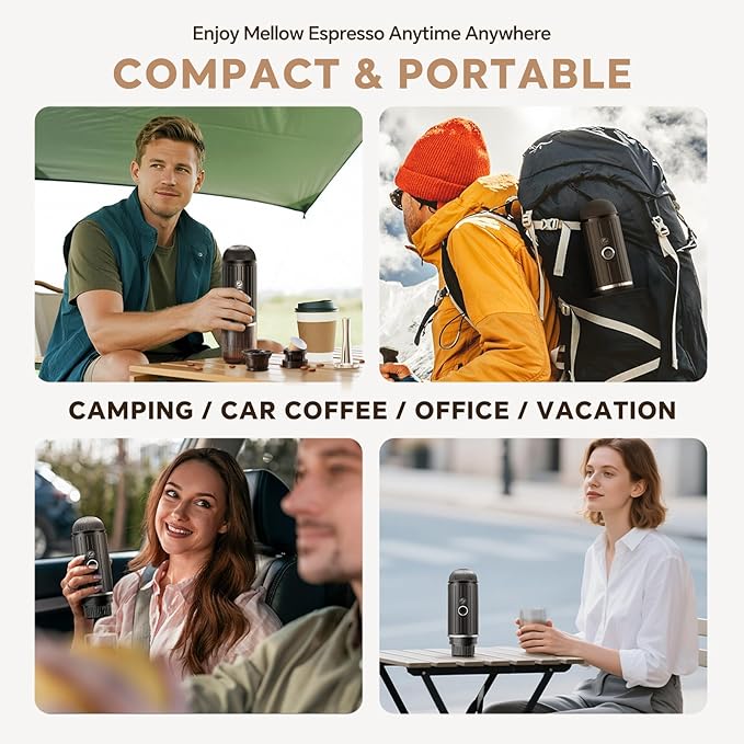 Rich Crema Portable Electric Espresso Coffee Maker, Fast self-heating 2 IN 1 Extraction System Espresso Machine, Support Ground Coffee and NS capsule, for Travel、Car、Hiking、Climbing（Black）