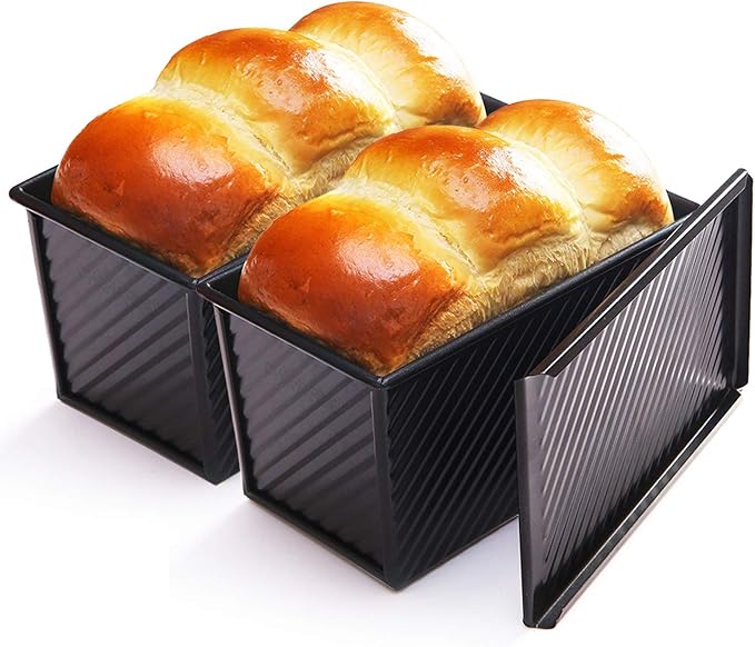 CHEFMADE Pullman Loaf Pan with Lid 2 Pcs, 1Lb Dough Capacity Non-Stick Rectangle Corrugated Bread Pan, Carbon Steel Toast Pan with Cover for Baking Bread - Black
