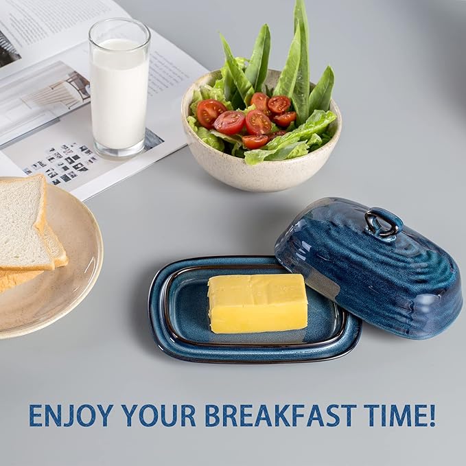 Hasense Porcelain Butter Dish with Lid, Covered Butter Container with Handle Design for Countertop, Blue