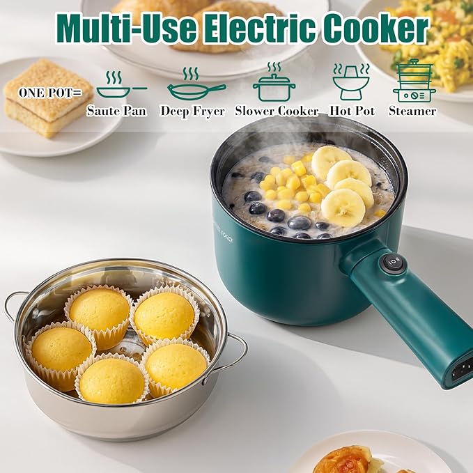 Electric Hot Pot with Steamer, 1.8L Ramen Cooker, Portable Cooking Pot Non-Stick Sauté Pan, Electric Pot for Pasta, Egg, Steak, BPA Free,Dual Power Control, Suit Dorm Room, Travel,RV,Hotel