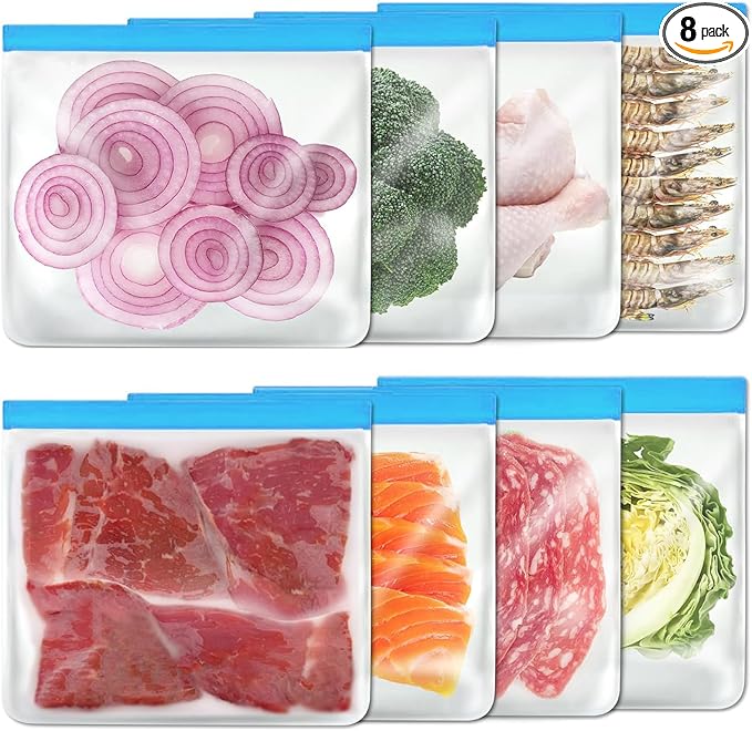 8 Pack Reusable Gallon Bags Dishwasher Safe, Silicone Leakproof Reusable Freezer Bags, BPA Free Reusable Food Storage Bags for Candy, Snack, Cereal, Travel Items, Home Organization（Blue）