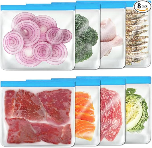 8 Pack Reusable Gallon Bags Dishwasher Safe, Silicone Leakproof Reusable Freezer Bags, BPA Free Reusable Food Storage Bags for Candy, Snack, Cereal, Travel Items, Home Organization（Blue）