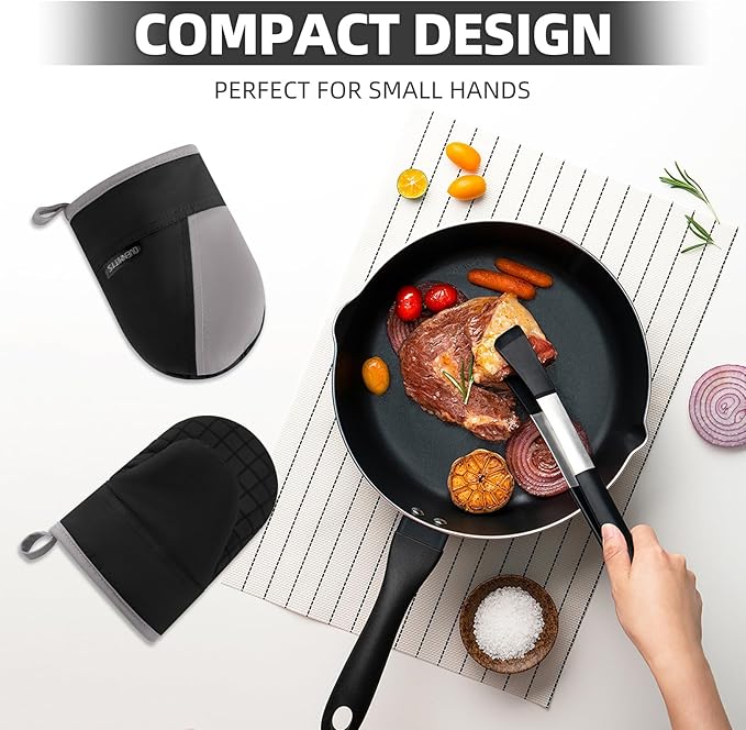 Mini Oven Mitts, Kitchen Oven Gloves Kitchen Mittens 500 Degrees Heat Resistant Baking Gloves, Non-Slip Silicone Surface with Hanging Loops Hot Gloves for Cooking, Baking, BBQ 1 Pair-Black