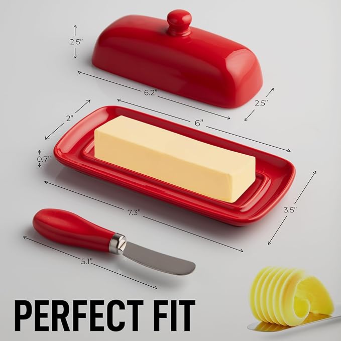 Zulay Butter Dish With Lid For Countertop - Porcelain White, Ceramic Butter Dish with Knob Handle Great for Cooking - Elegant Design Butter Holder - Durable & Sturdy Butter Keeper - Red