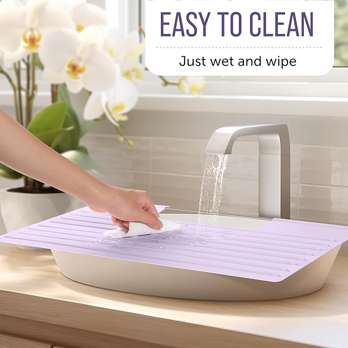 Maplefield Lavender Foldable Sink Cover - Small 22 x 2 x 2 In Lavender Silicone - Heat Resistant Makeup Mat & Sink Cover for Counter Space - Space Saving Rectangle Countertop Topper