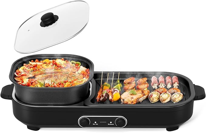 Electric Hot Pot with Grill, 2 In 1 Indoor Non-Stick Barbecue Shabu Hot Pot with Dual Temperature Control, Detachable Hot Pot and Baking Tray, Smokeless Shabu Korean BBQ Grill