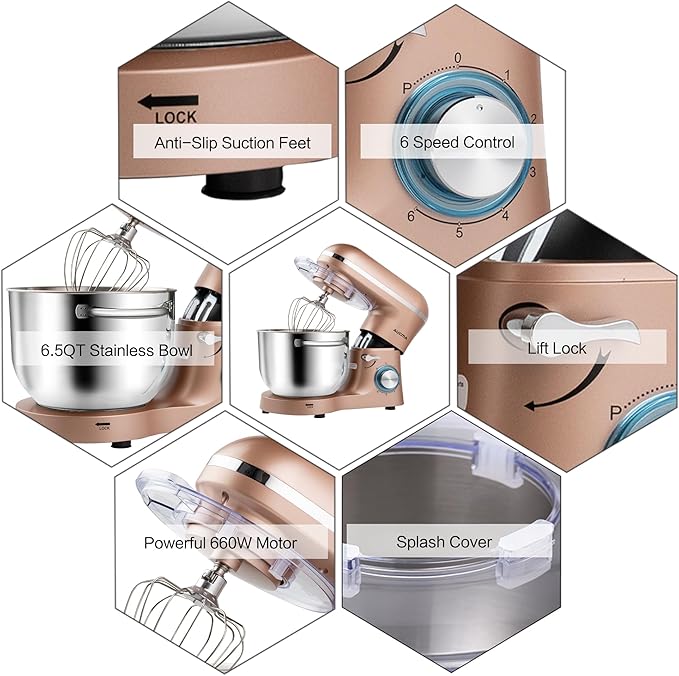 Aucma Stand Mixer,6.5-QT 660W 6-Speed Tilt-Head Food Mixer, Kitchen Electric Mixer with Dough Hook, Wire Whip & Beater (6.5QT, Champagne)