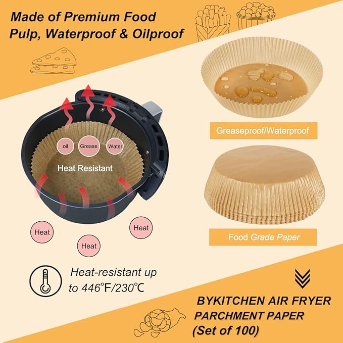 BYKITCHEN Air Fryer Parchment Paper for 2 to 5 QT, Set of 100, 8inch Round Airfryer Liners, Nonstick Air Fryer Filter Paper, Compatible with Ninja, Chefman Airfryer and More
