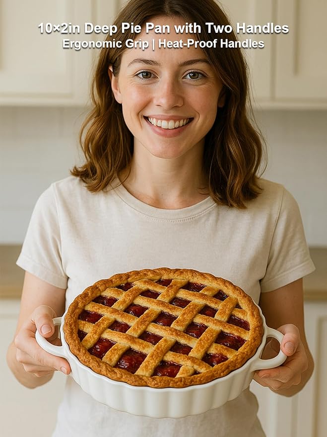 10×2in Deep Ceramic Pie Pan with Handles for Pie Quiche Tart Baking. Easy to grip, Lead-Free. Casserole Lasagna Dish for Thanksgiving Christmas Wedding Gift. Microwave, Dishwasher, Oven Safe