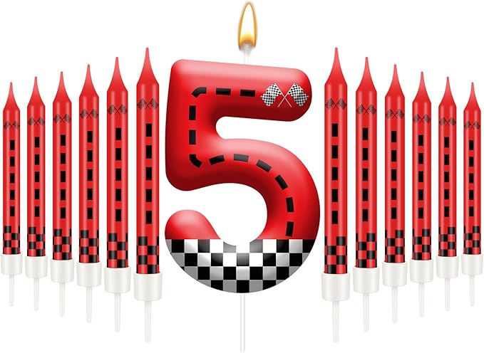 13PCS Racing Car Theme Birthday Candle Set with Checkered Flag Design - Durable Cake Topper for Race Car Party Decorations, Kids Birthday Supplies - Number 5 Candle for Racing-Themed Celebrations