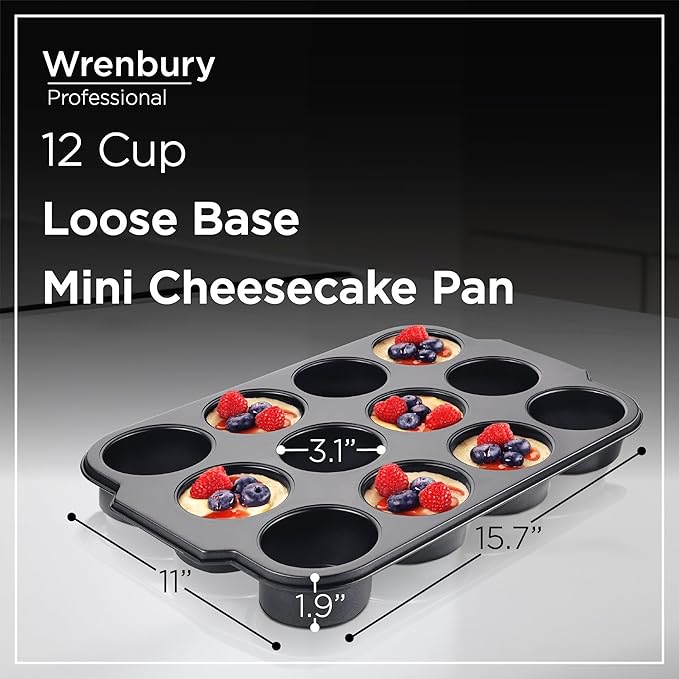 Wrenbury Pro Mini Cheesecake Pans Removable Bottom 12 Hole - Heavy Gauge Carbon Steel Muffin Cupcake Pan Loose Bottom Springform for Baking - 3 Inch Individual Cheesecakes Tin - PFOA Free