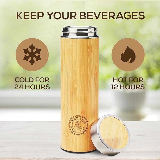 LeafLife Premium Bamboo Tea Bottle for Loose Tea - Tea Infuser Bottle - Tea Gifts - Insulated Water Bottle/Coffee Tumbler/Tea - Tea Gift Set, Tea Accessories - Tea Tumbler 22oz