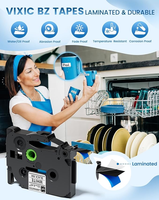 Label Maker Machine with Tapes, Label Maker Waterproof-Labels, Portable Label Makers Bundle 4 Label Tapes Included 12mm 0.47 Laminated White, D210S Handheld Labeling Machine for Home Office School