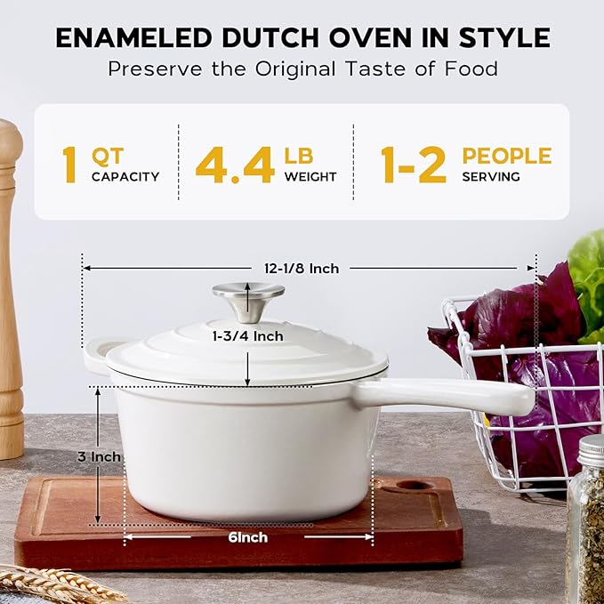 1QT Sauce Pan, Onader Enameled Cast Iron Saucepan Dutch Oven Pot with Lid, Small Cooking Sauce Pot, Nonstick & Oven Safe – White