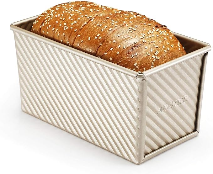 Monfish Pullman loaf Pan – loaf pan w lid - Wavy Non-Stick Toast Mold - Loaf Bread Baking Pan champagne gold (8.5x4.75x4.5)