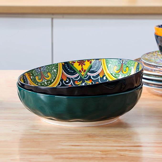 vancasso Large Serving Bowls, 78 Oz Extra Large Salad Bowls Set of 2, Bohemian Decorative Bowls for Salad, Fruit, Pasta and Dinner, Serving Dishes Set for Party, Dishwasher & Microwave Safe－Green