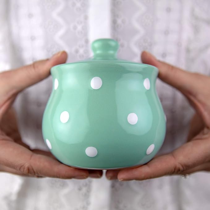 City to Cottage Ceramic Sugar Bowl with Lid, 10oz Sugar Contanier for Coffee Bar, Sugar Dispenser Bowl, Salt - Condiment Pot for Kitchen Counter, Handcrafted turquoise Blue Polka Dot Sugar Jar