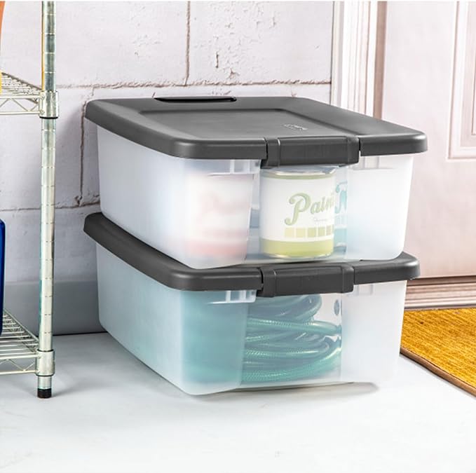 Sterilite 6-Pack ShelfTote, Clear Plastic Storage Bins with Lids, 25 Quart, Gray - Stackable Organizing Container Boxes for Closet, Bathroom, and Office