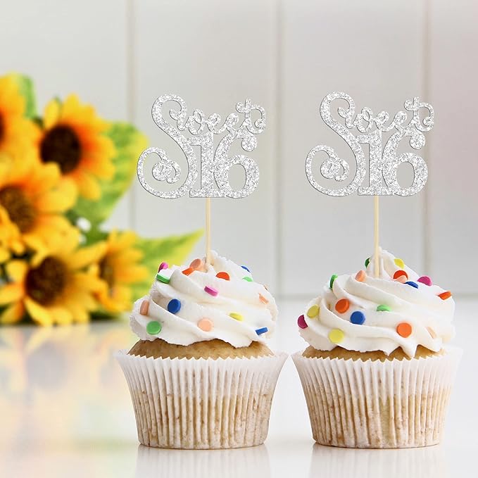 Gyufise 24 Pack Happy Sweet 16 Cupcake Toppers Glitter Sixteen 16th Birthday Cupcake Picks Cheers to 16 Years Old Cupcake Decorations for 16th Birthday Anniversary Party Cake Supplies Silver