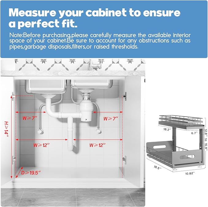2 Pack 18 IN Depth Under Sink Organizer with Smooth Ball Bearing Slides,2-Tier Pull Out Cabinet Storage,Slide Out Drawers for Bathroom&Kitchen,Rust-resistant Coating,Height Adjustable-Gun Gray