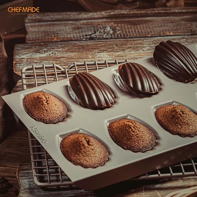 CHEFMADE Madeleine Mold Cake Pan, 12-Cavity Non-Stick Oval Shell Madeline Bakeware for Oven Baking (Champagne Gold)