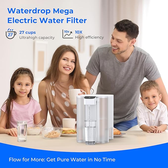 Waterdrop Large 27-Cup Mega Electric Water Filter Dispenser, 200-Gallon Rechargeable Instant System, NSF/ANSI 42&53&401&372, Reduce PFAS, Lead, Chlorine, with 1 Filter, White, Does not Lower TDS