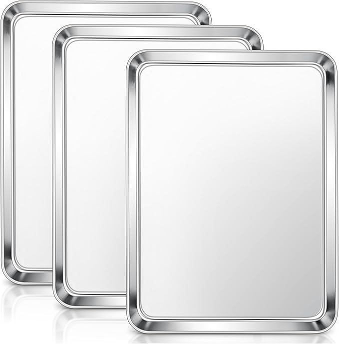 E-far Stainless Steel Baking Sheets Set of 3, 12.4” x9.7” Baking Cookie Sheets Pans for Oven, Non-toxic Metal Trays for Cake Cookies, Healthy & Rust Free, Mirror Finish & Dishwasher Safe