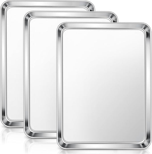 E-far Stainless Steel Baking Sheets Set of 3, 12.4” x9.7” Baking Cookie Sheets Pans for Oven, Non-toxic Metal Trays for Cake Cookies, Healthy & Rust Free, Mirror Finish & Dishwasher Safe