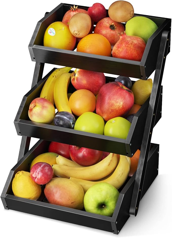 G.a HOMEFAVOR Large Bamboo Fruit Basket, 3 Tier Fruit Bowl for Kitchen Counter, Fruit Holder for Kitchen Countertop, Snack Fruit Vegetable Storage Basket Stand (BLACK)