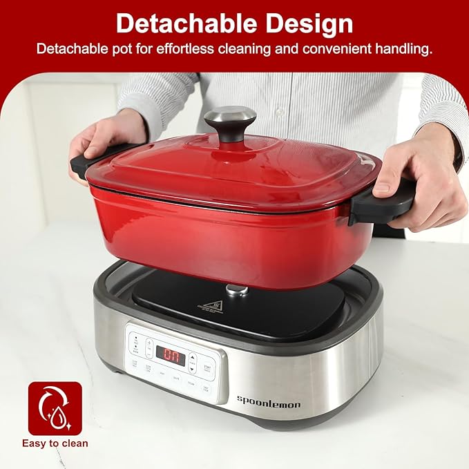 Electric Dutch Oven Multi-Cooker, 5.8QT Enameled Cast Iron Pot - 1250W Fast Heating, 6 Preset Functions, Digital Display & Keep Warm, Oven Safe Pot To 392℉, with Removable Pot, Steam Rack