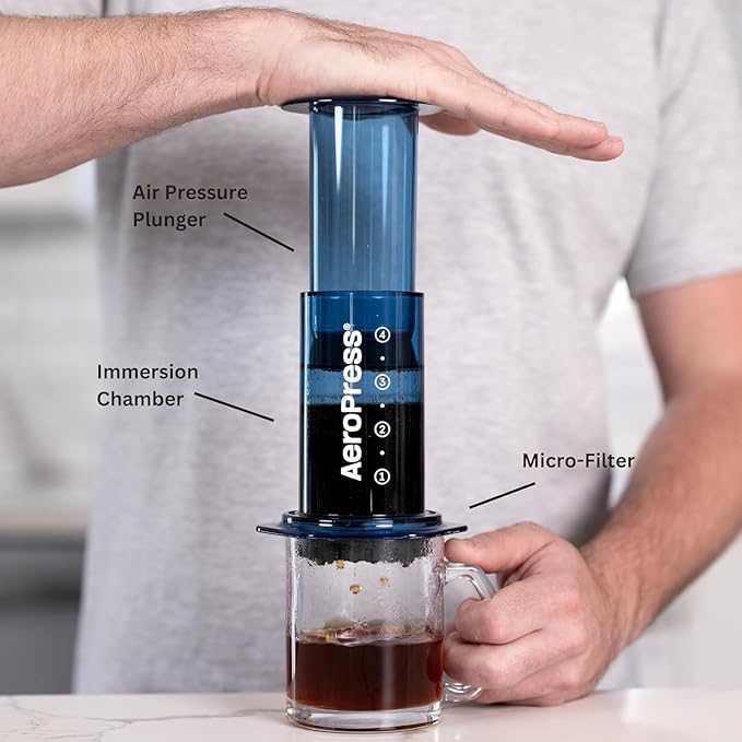 AeroPress Clear Blue Coffee Press – 3 In 1 Brew Method Combines French Press, Pourover, Espresso, Full Bodied Coffee Without Grit or Bitterness, Small Portable Coffee Maker for Camping & Travel-Blue