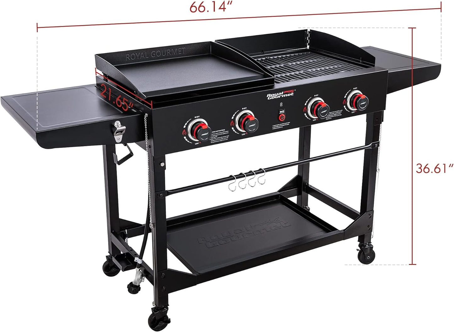 Royal Gourmet GD402 4-Burner Propane Gas Grill and Griddle Combo with Foldable Legs, 48,000 BTUs, Portable Griddle Grill Combo for Outdoor Cooking While Camping or Tailgating, Black