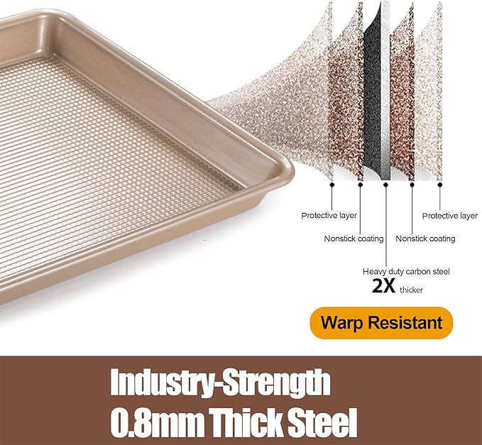 2 Pack Jelly Roll Pan 15x10 Inch, Diamond Texture Nonstick Cookie Sheet, 0.8mm Thick Heavy Duty Steel Baking Tray, Commercial Gold Baking Pans