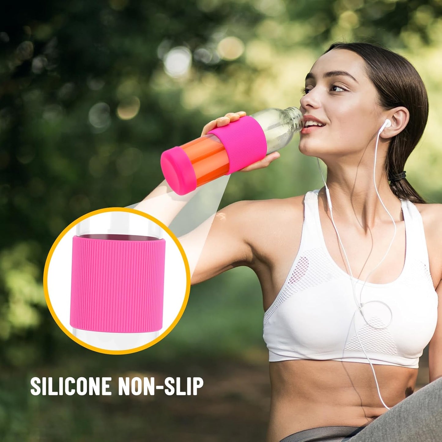 18 oz Glass Juice Bottles with Lids and Silicone Sleeve, Reusable Glass Water Bottles with Stainless Steel Cap for Juicing, Refrigerator,100% Leak Proof, BPA Free, Set of 6