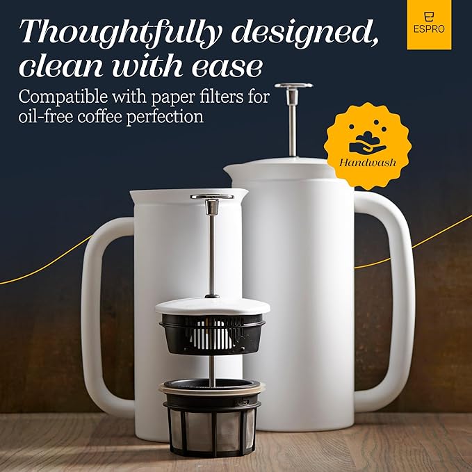 ESPRO P7 French Press Coffee Maker - Double-Walled Stainless Steel Insulated with Micro-Filter, 18 Ounces, Matte White