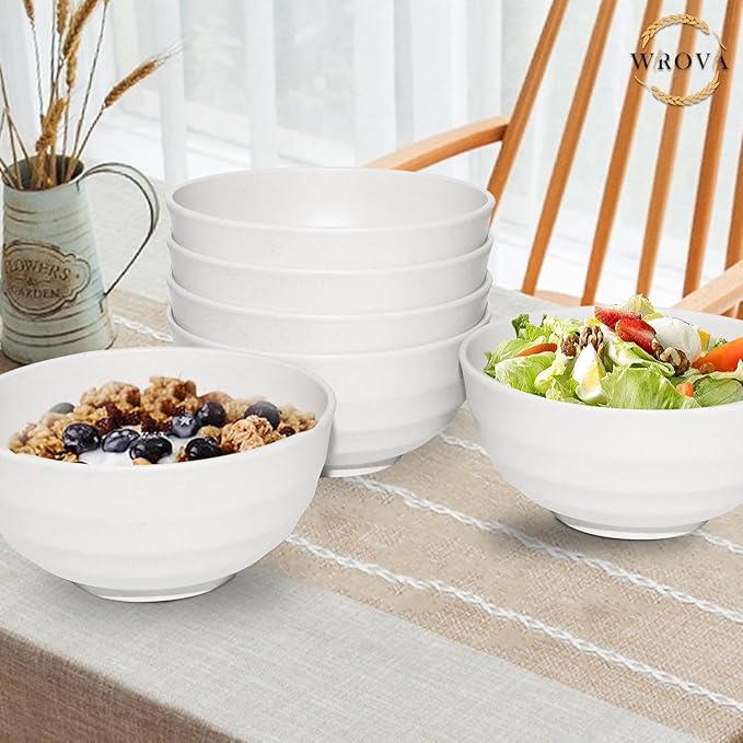 Wheat Straw Bowls Set 60 OZ, Unbreakable Large White Bowls Set of 6, Microwave and Dishwasher Safe Big Cereal Bowl for Dorm and Apartment, Salad Bowl for Serving Oatmeal and Popcorn (White)