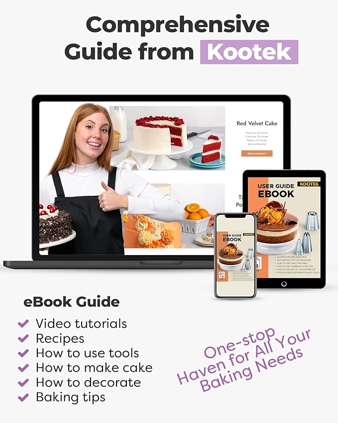Kootek 71PCs Cake Decorating Kit, Baking Supplies Tools - Includes Cake Stand Turntable, 12 Icing Piping Tips, 2 Frosting Spatulas, 3 Scrapers, 50+2 Piping Bags, Coupler, Video Tutorial, Booklet