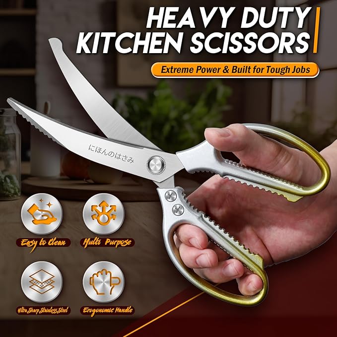 TIJERAS Kitchen Scissors Set Gold - Stainless Steel Kitchen Shear, Sharp Meat Scissors Dishwasher Safe, Heavy Duty Poultry Shears, Japanese Cooking Scissor for Food, Chicken Bones, and Turkey