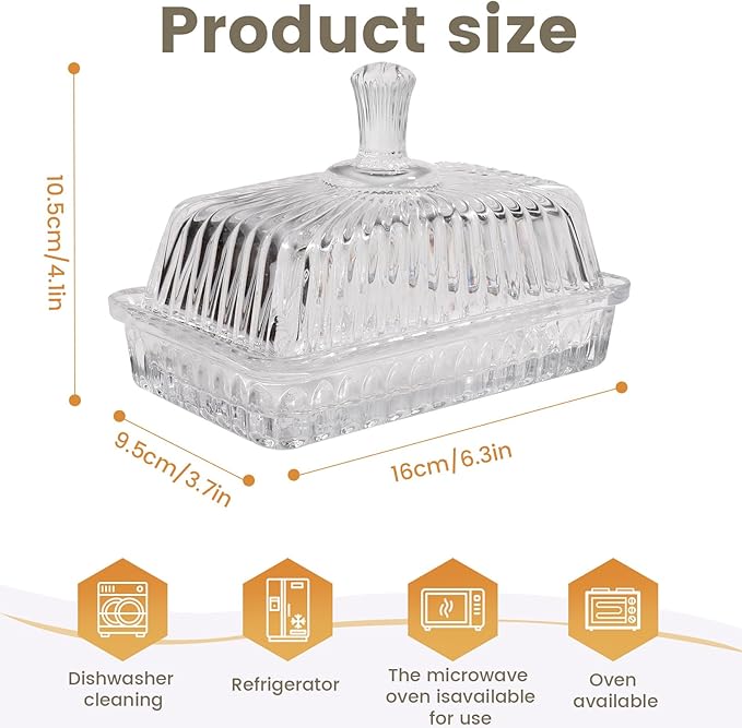 Wide Glass Butter Dish with Cover for Countertop,Vintage Crystal Butter Keeper for Counter,Covered Glass Butter Holder,Butter Holder for Refrigerator,Butter Tray with Two Stick 4oz Butter